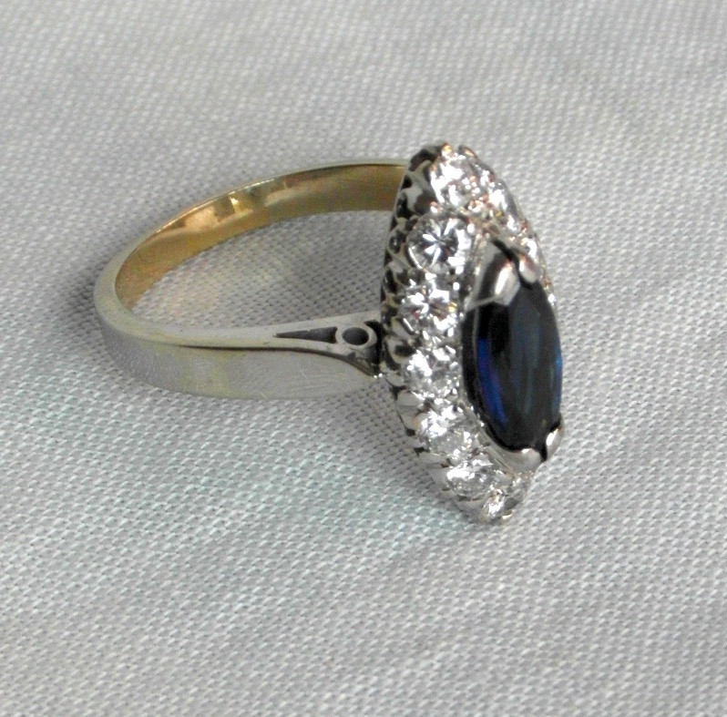 Navette Ring With 1.3 Carat Sapphire And 1.2 Carat Diamonds, White Gold, Hallmarked.-photo-4