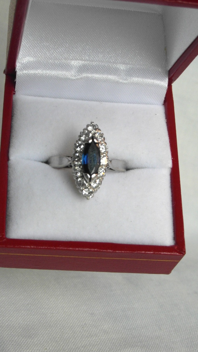 Navette Ring With 1.3 Carat Sapphire And 1.2 Carat Diamonds, White Gold, Hallmarked.-photo-5