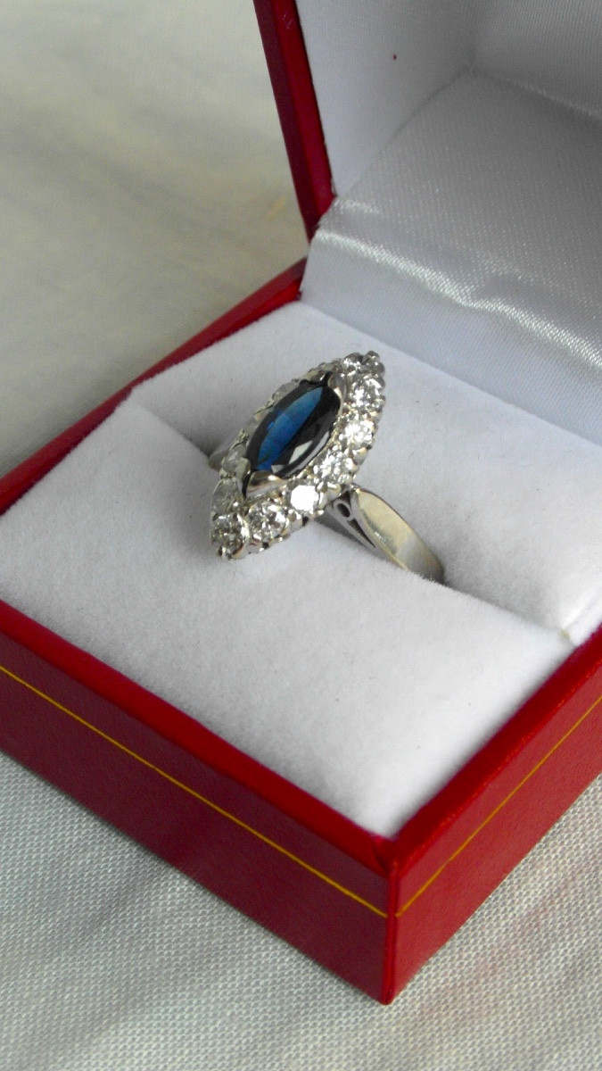 Navette Ring With 1.3 Carat Sapphire And 1.2 Carat Diamonds, White Gold, Hallmarked.