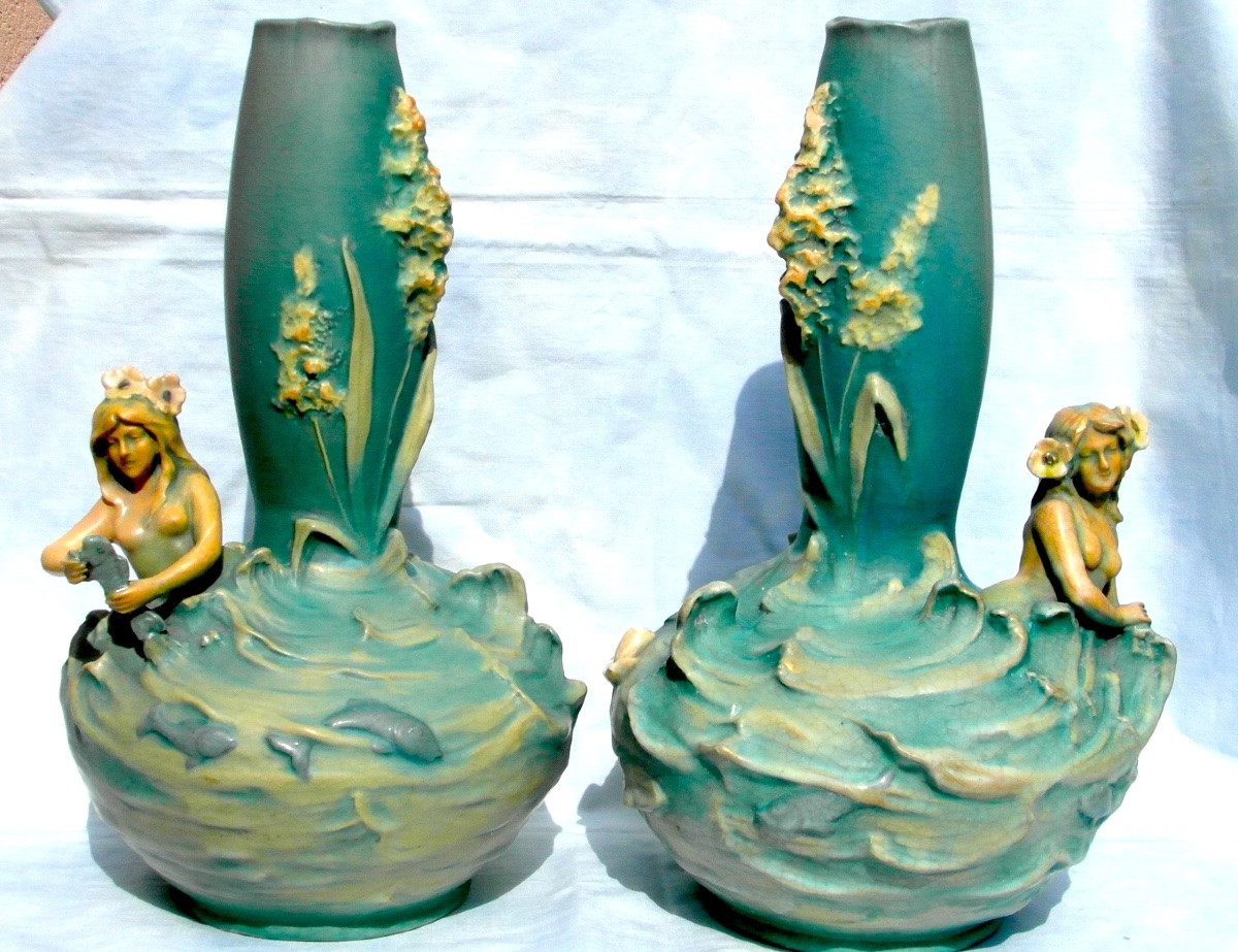 Rare paire de vases  aux sirènes par Bernard Bloch, era daum massier 1900 royal dux art-nouveau-photo-2