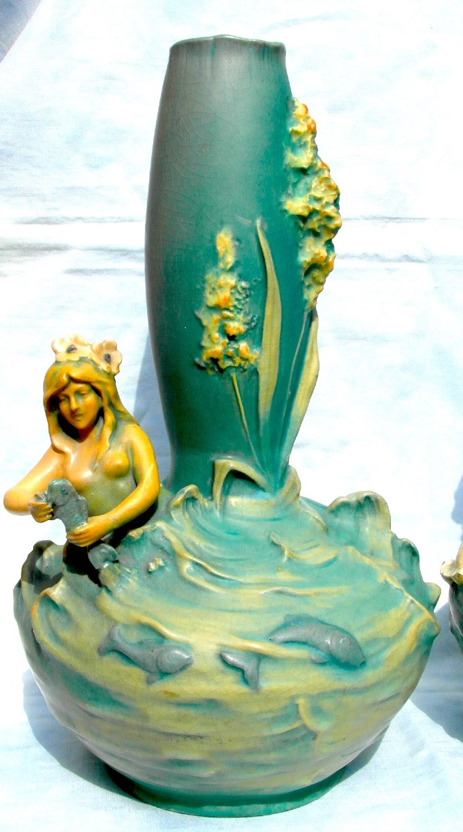 Rare paire de vases  aux sirènes par Bernard Bloch, era daum massier 1900 royal dux art-nouveau-photo-3