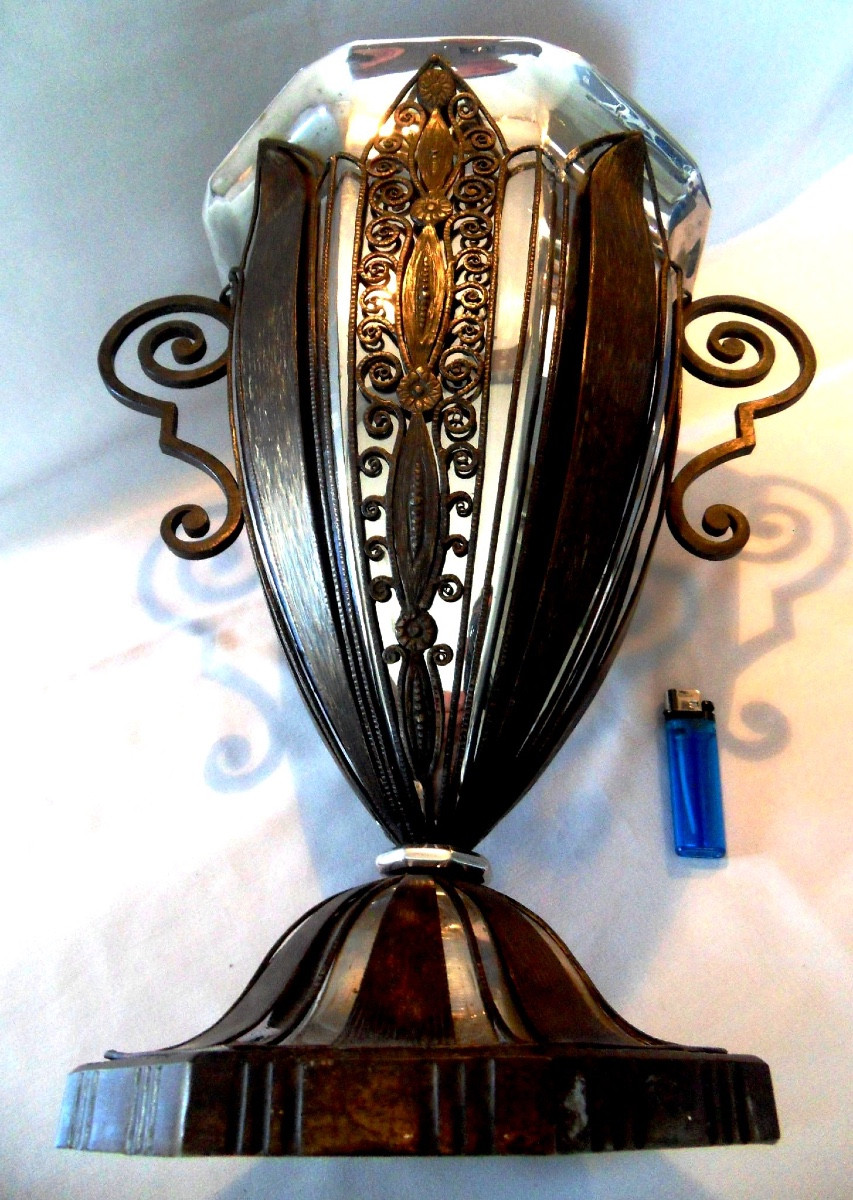  Grand Vase Coupe Art-deco En Fer Forgé Par F. Bauquin, Era Brandt Kiss Daum 1920-photo-2