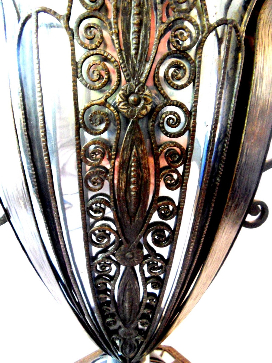  Grand Vase Coupe Art-deco En Fer Forgé Par F. Bauquin, Era Brandt Kiss Daum 1920-photo-3