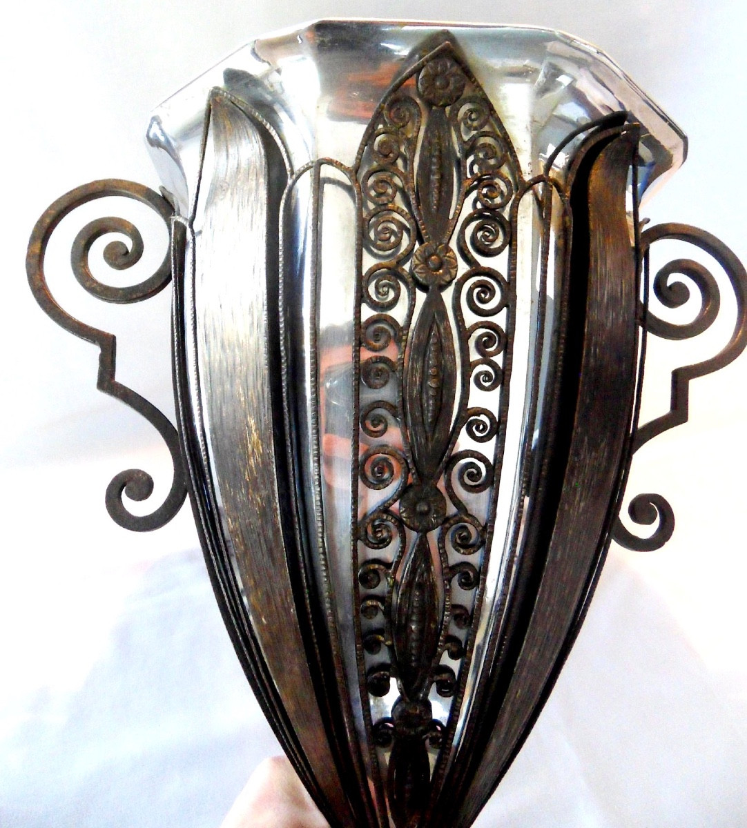  Grand Vase Coupe Art-deco En Fer Forgé Par F. Bauquin, Era Brandt Kiss Daum 1920-photo-4