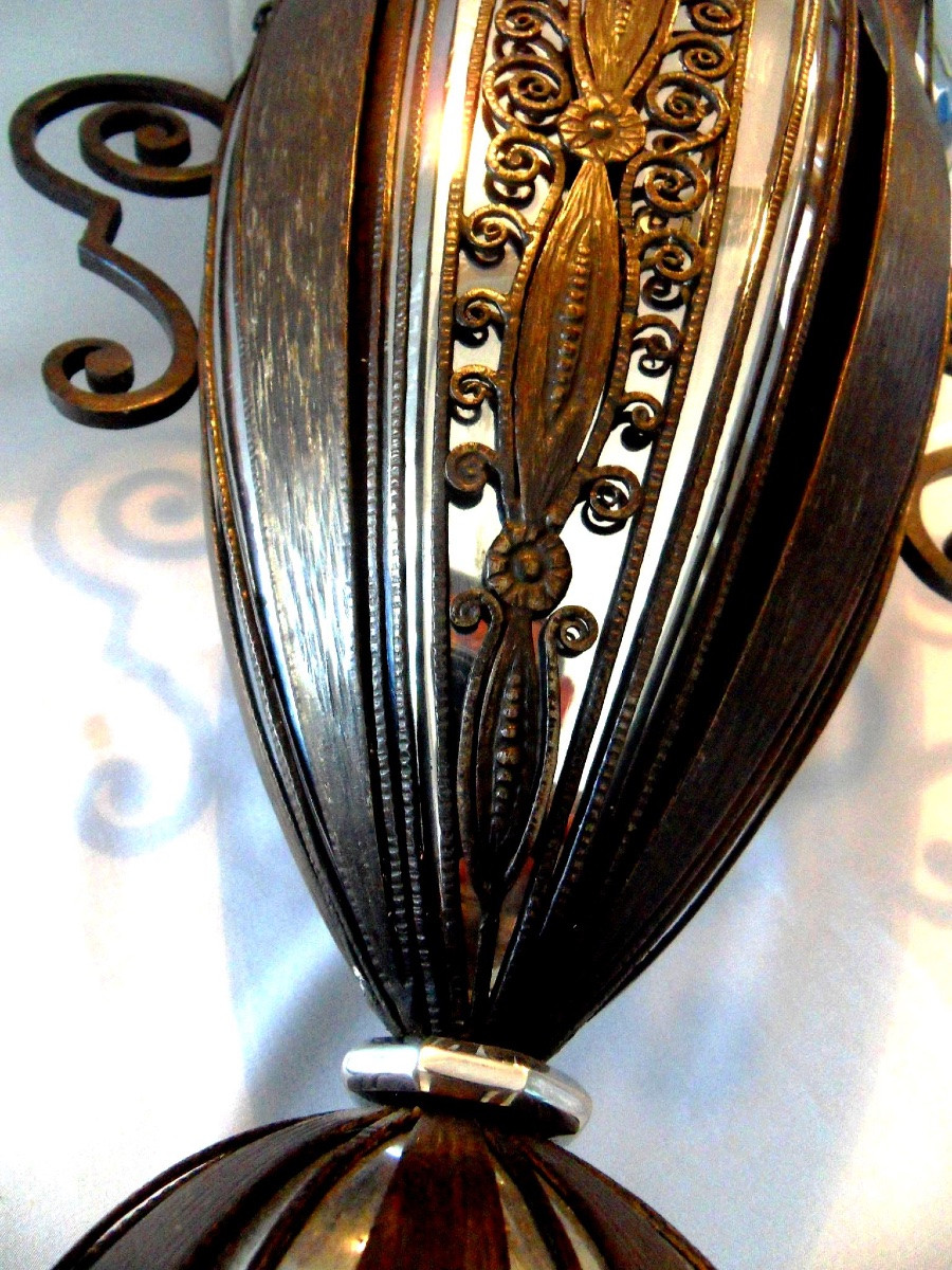  Grand Vase Coupe Art-deco En Fer Forgé Par F. Bauquin, Era Brandt Kiss Daum 1920-photo-1