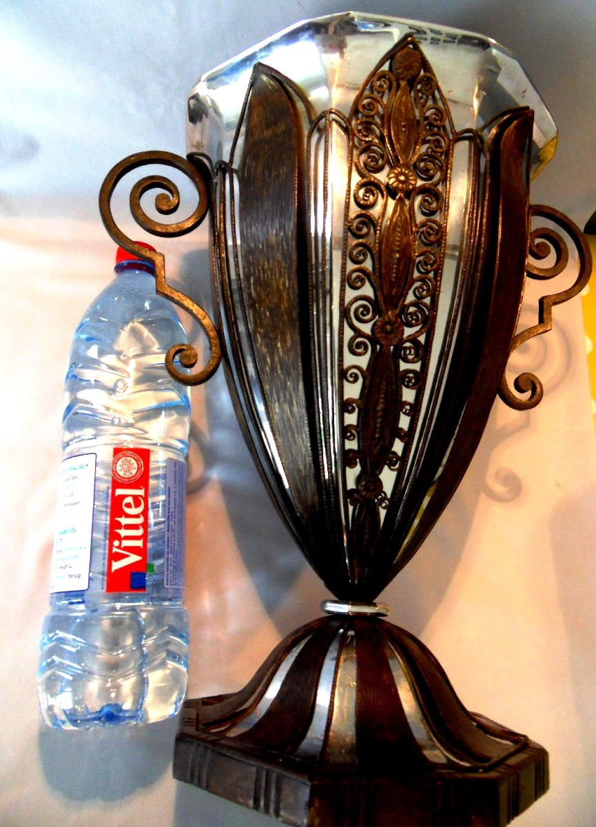  Grand Vase Coupe Art-deco En Fer Forgé Par F. Bauquin, Era Brandt Kiss Daum 1920-photo-3