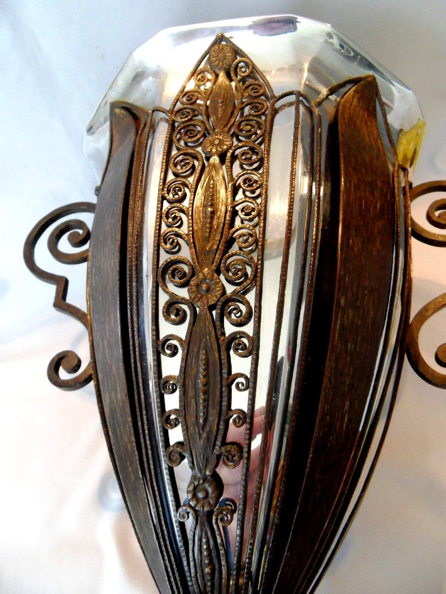  Grand Vase Coupe Art-deco En Fer Forgé Par F. Bauquin, Era Brandt Kiss Daum 1920