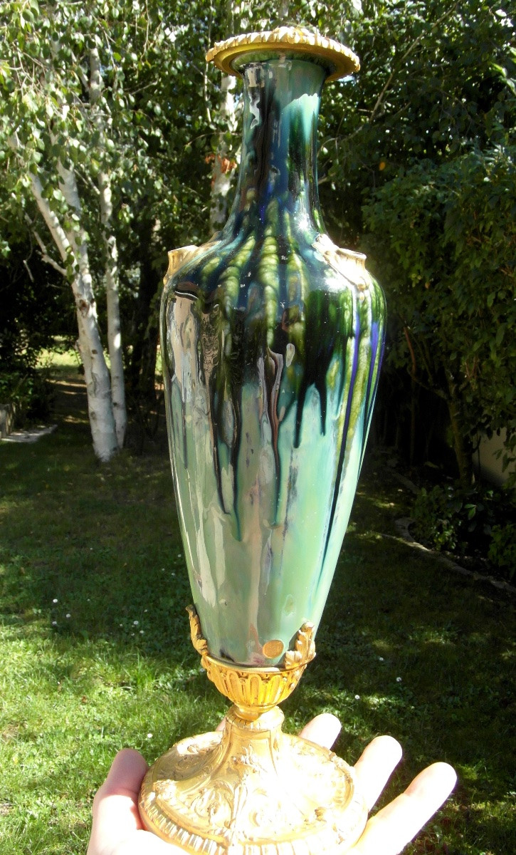 Art Nouveau Vase, Bronze Mount By Paul Louchet, Daum Era 1900 Milet Daum-photo-2