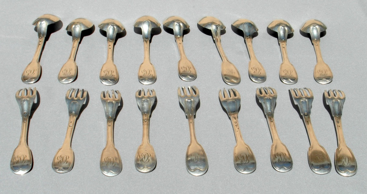 Set Of 9 Solid Silver Spoons And Forks, Hallmarked 1819, 1.532 Kg-photo-2