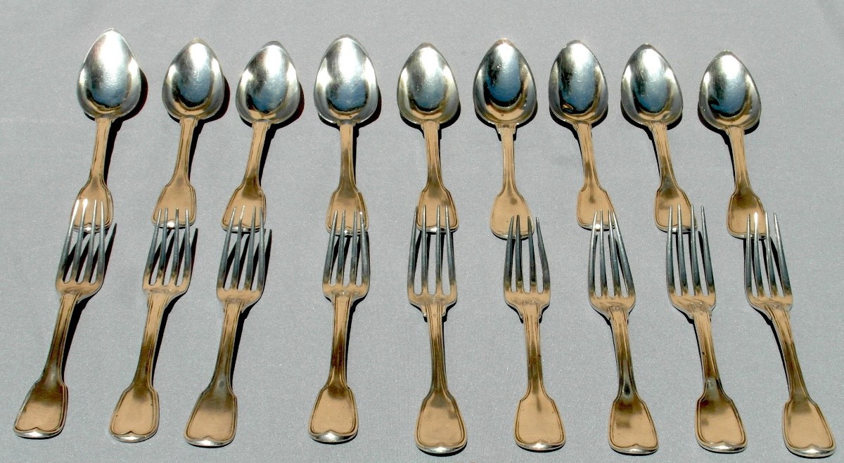 Set Of 9 Solid Silver Spoons And Forks, Hallmarked 1819, 1.532 Kg