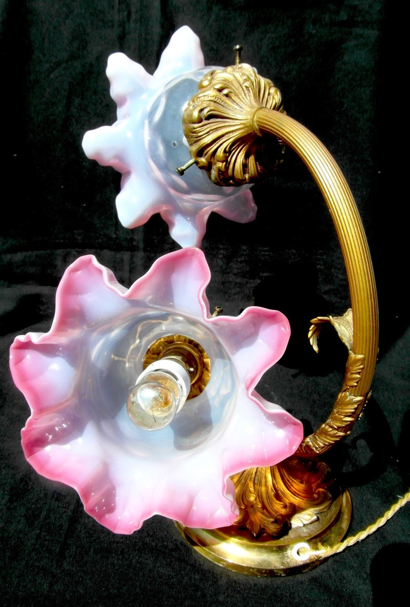 Lampe art-nouveau 2 feux, tulipes opalescentes décor clématites, era galle daum Benson 1900-photo-2