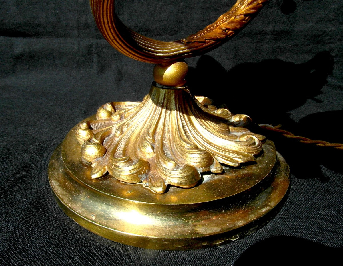 Lampe art-nouveau 2 feux, tulipes opalescentes décor clématites, era galle daum Benson 1900-photo-4