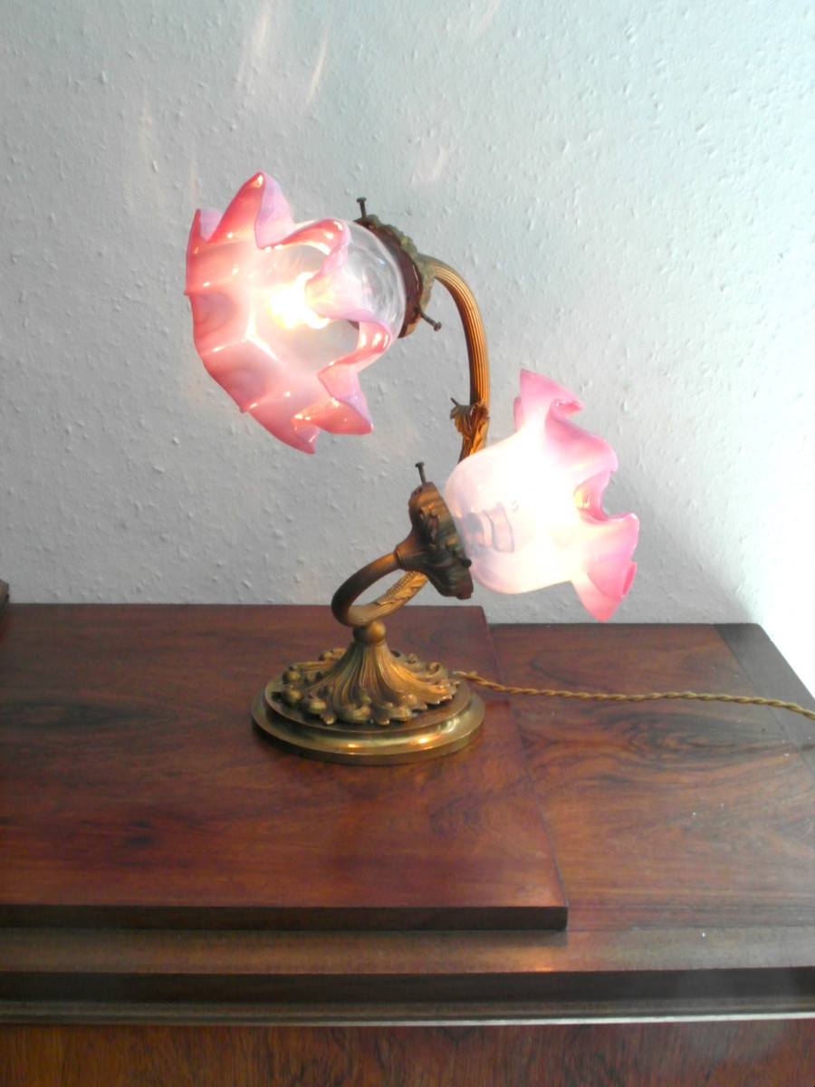 Lampe art-nouveau 2 feux, tulipes opalescentes décor clématites, era galle daum Benson 1900-photo-6