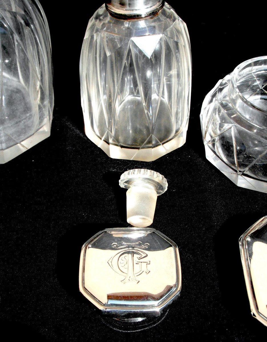 Art Deco Toiletry Set, Crystal Bottles And Solid Silver Minerva Stoppers, 1920s Era-photo-3
