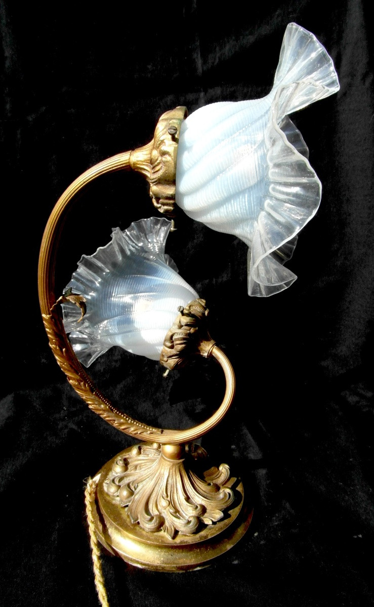 Art Nouveau 2-light Lamp, Opalescent Tulips, Era Galle Daum Benson Sabino 1900-photo-2