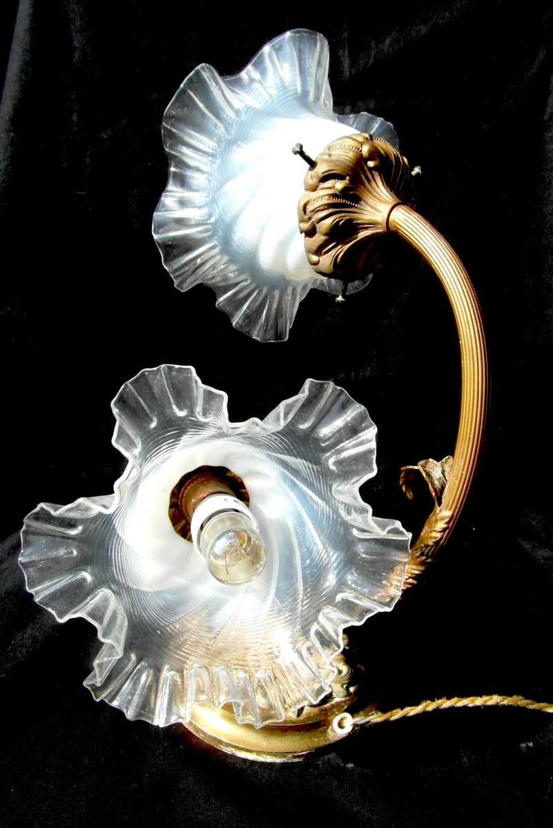 Art Nouveau 2-light Lamp, Opalescent Tulips, Era Galle Daum Benson Sabino 1900-photo-4