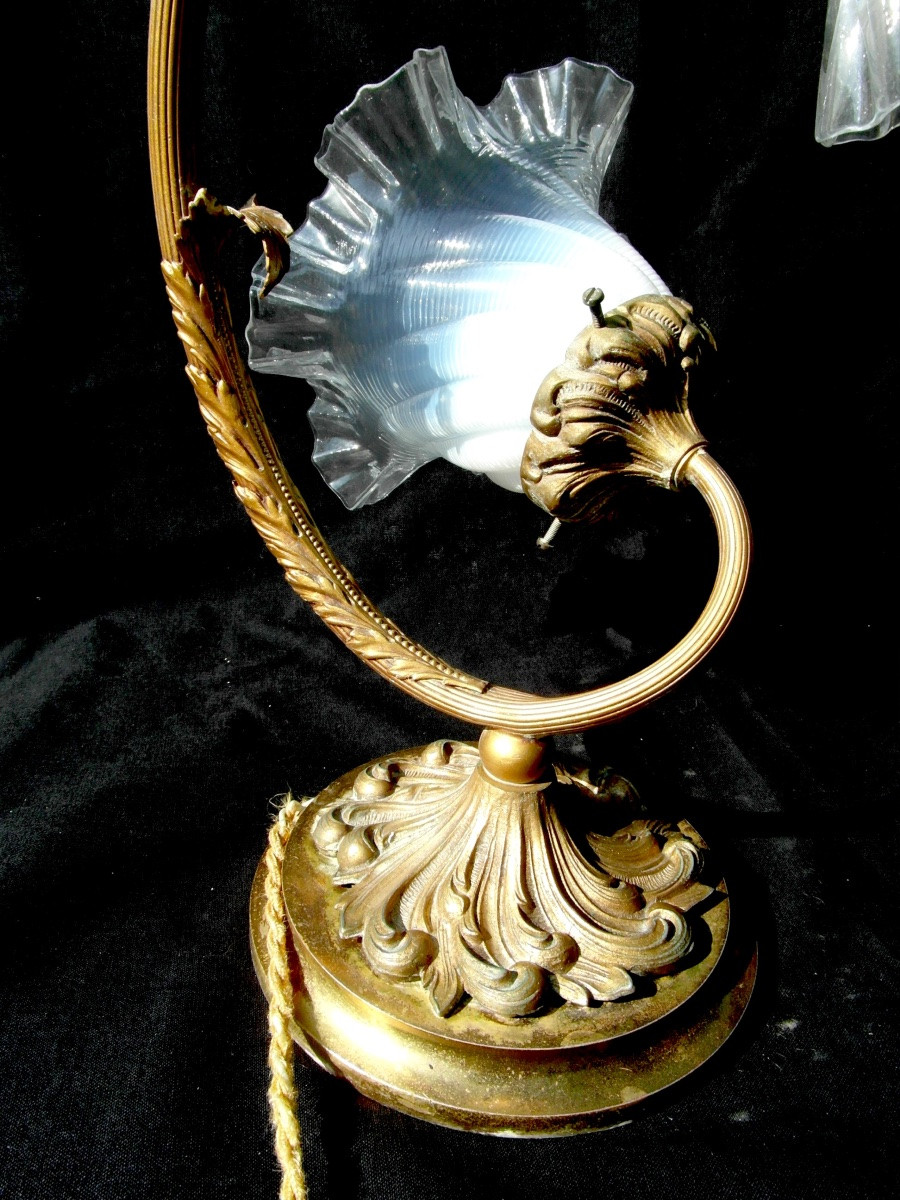 Art Nouveau 2-light Lamp, Opalescent Tulips, Era Galle Daum Benson Sabino 1900-photo-1