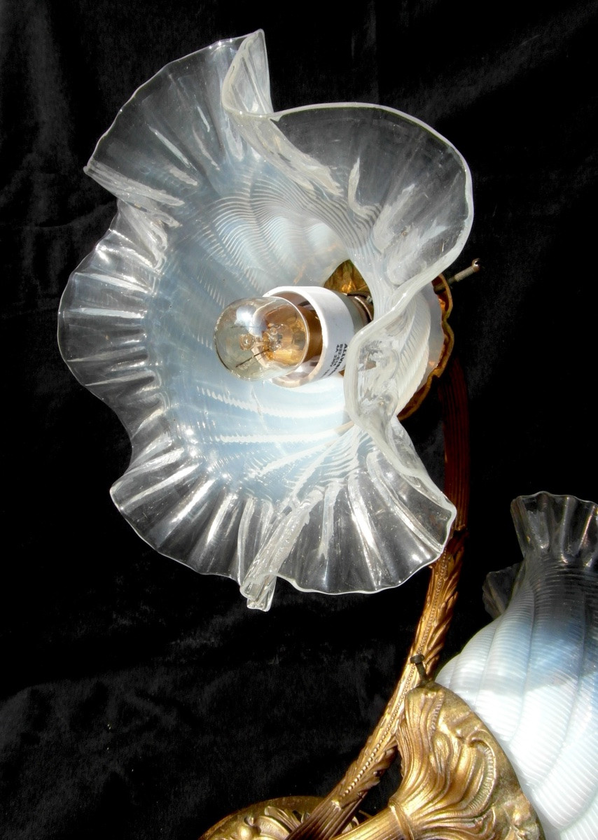 Art Nouveau 2-light Lamp, Opalescent Tulips, Era Galle Daum Benson Sabino 1900-photo-2