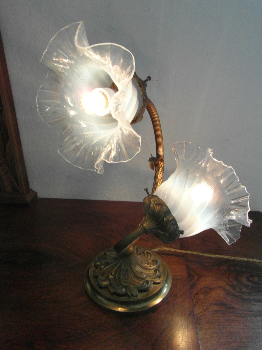 Art Nouveau 2-light Lamp, Opalescent Tulips, Era Galle Daum Benson Sabino 1900-photo-5
