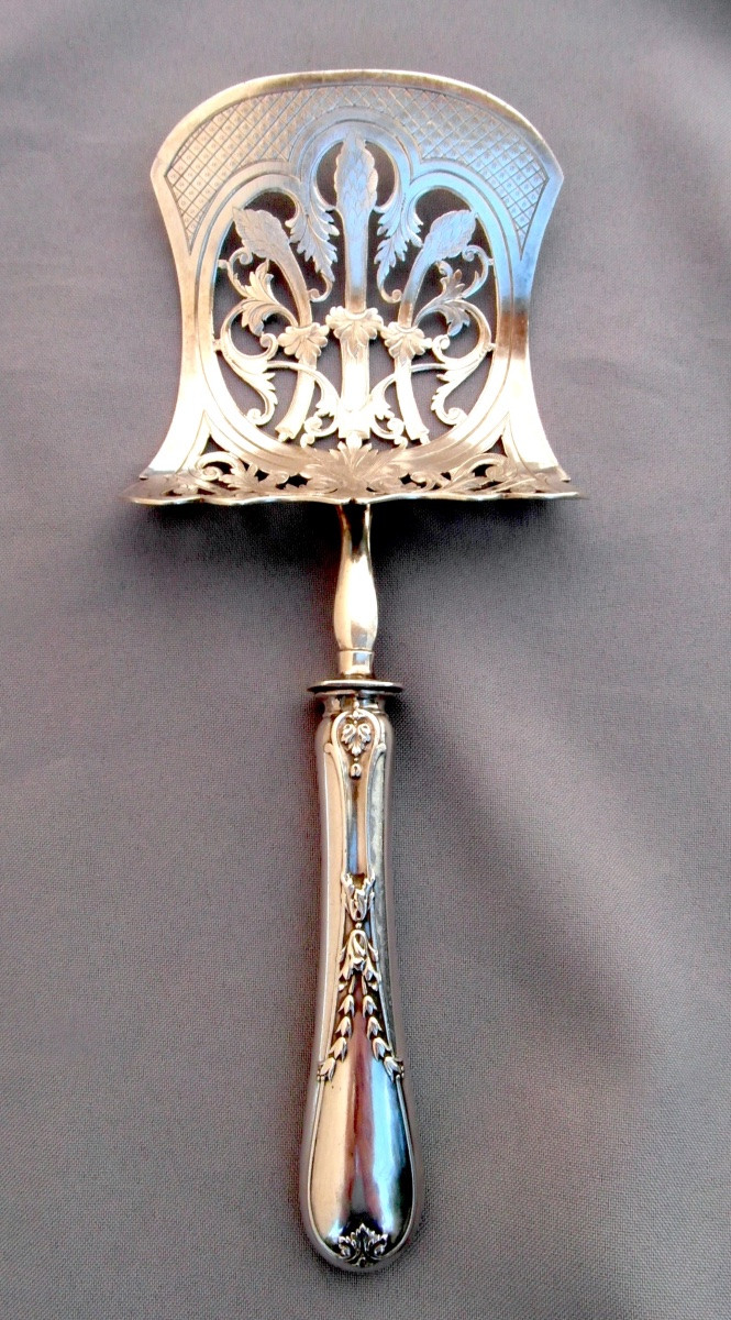 Large 1900 Solid Silver Asparagus Shovel By Jean E. Puiforcat, Perfect, Art Nouveau Era-photo-2