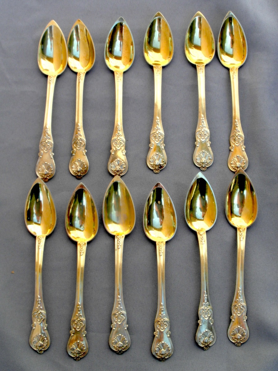 Set Of 12 Solid Silver Vermeil Spoons, Minerva Hallmark, In Its Box, 1900s Era-photo-2
