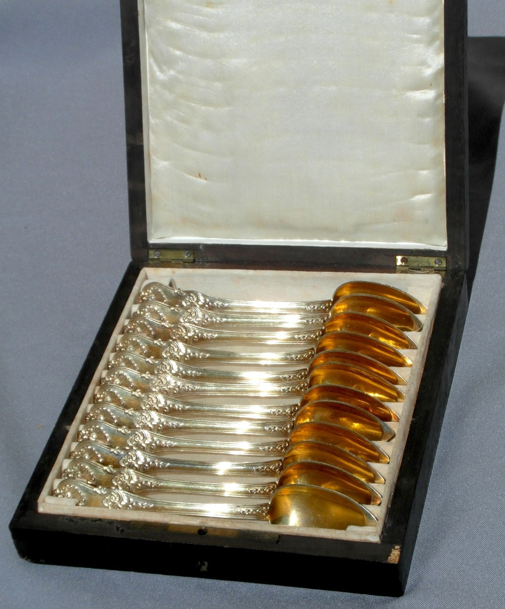 Set Of 12 Solid Silver Vermeil Spoons, Minerva Hallmark, In Its Box, 1900s Era-photo-3