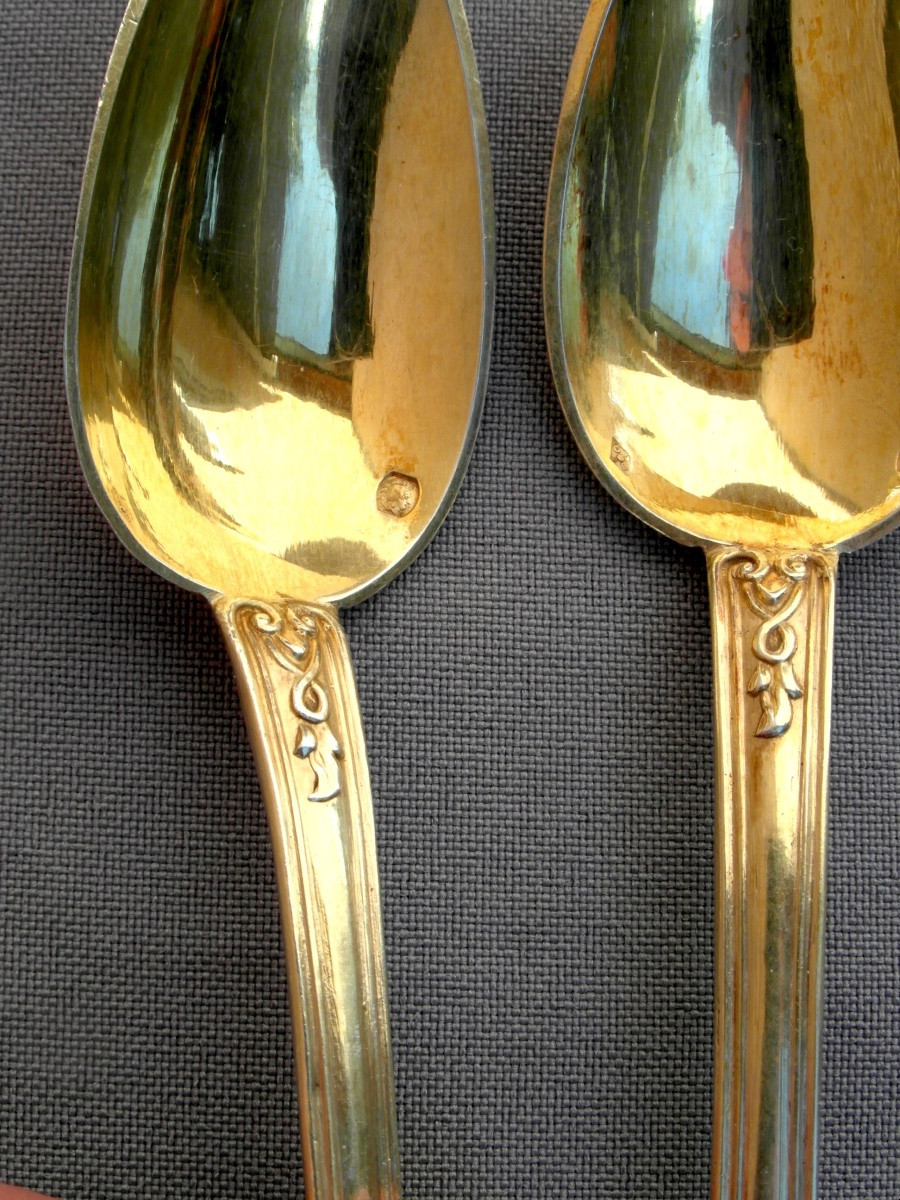 Set Of 12 Solid Silver Vermeil Spoons, Minerva Hallmark, In Its Box, 1900s Era-photo-4