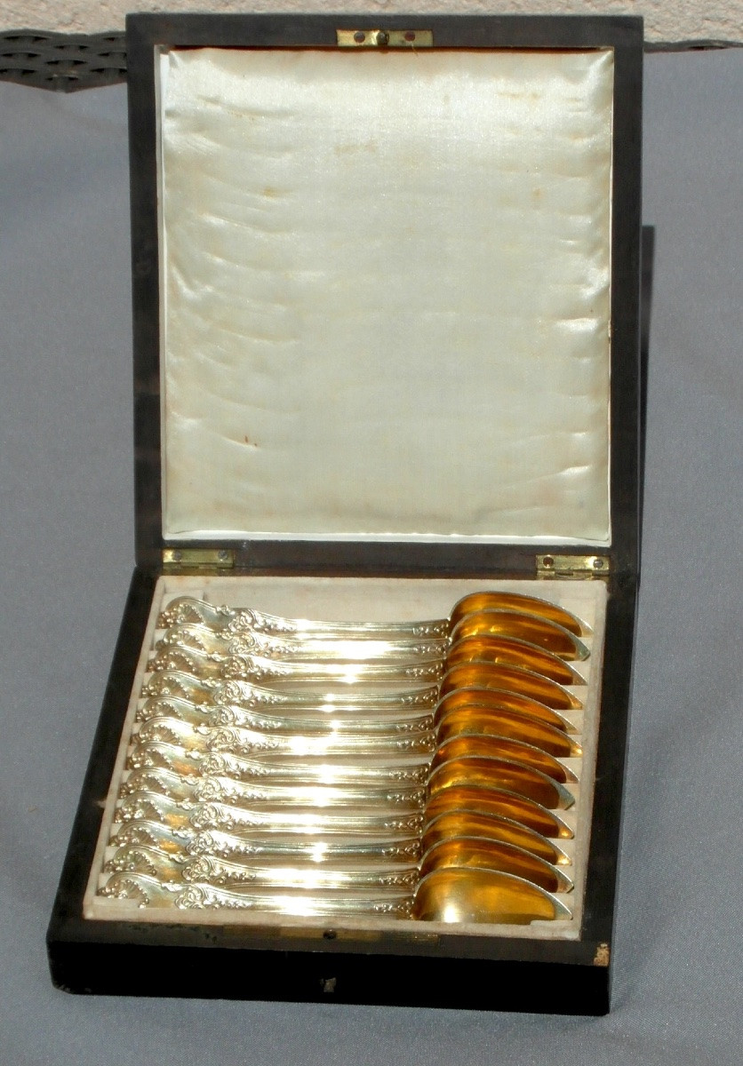 Set Of 12 Solid Silver Vermeil Spoons, Minerva Hallmark, In Its Box, 1900s Era-photo-1