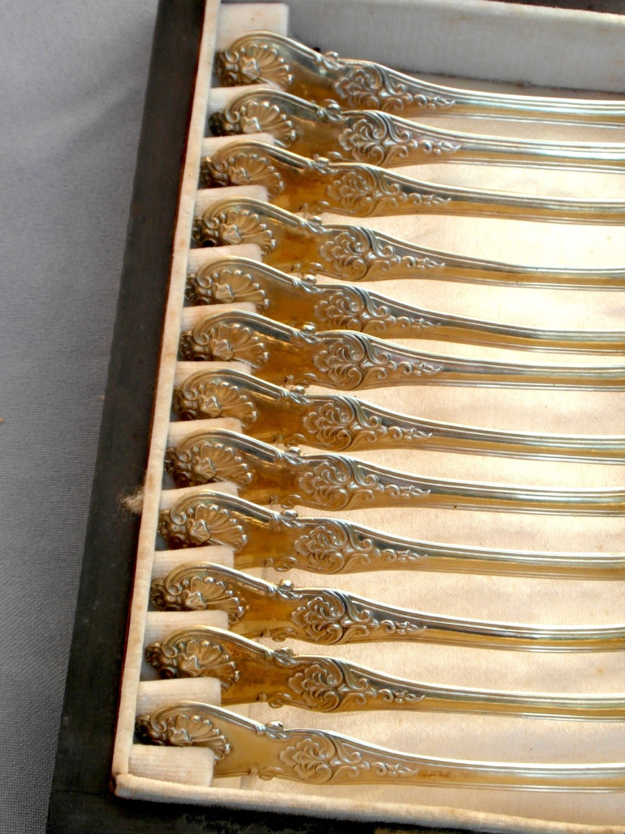 Set Of 12 Solid Silver Vermeil Spoons, Minerva Hallmark, In Its Box, 1900s Era-photo-3