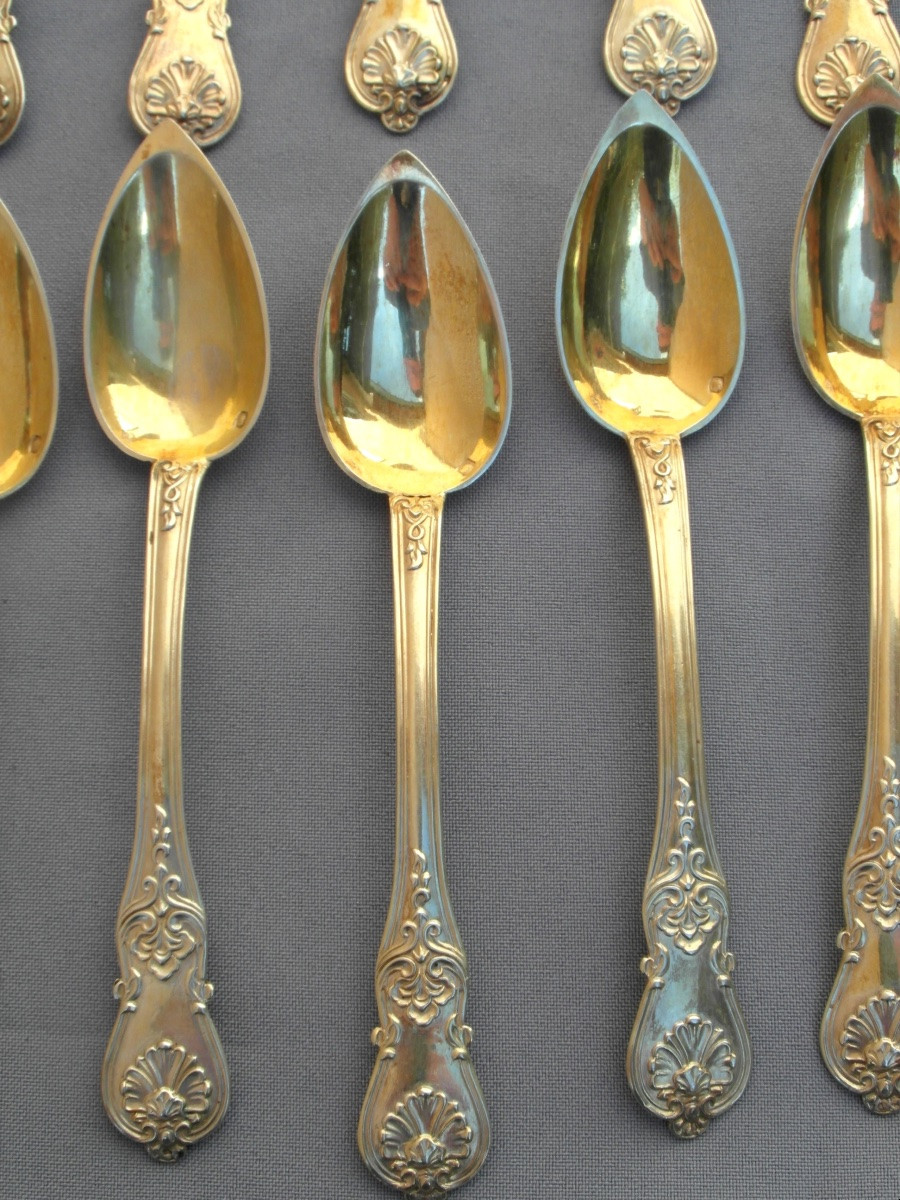Set Of 12 Solid Silver Vermeil Spoons, Minerva Hallmark, In Its Box, 1900s Era-photo-5