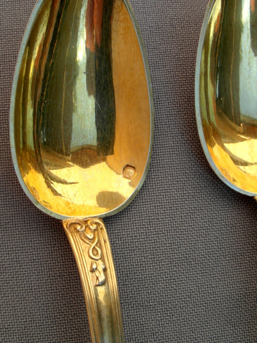 Set Of 12 Solid Silver Vermeil Spoons, Minerva Hallmark, In Its Box, 1900s Era-photo-7