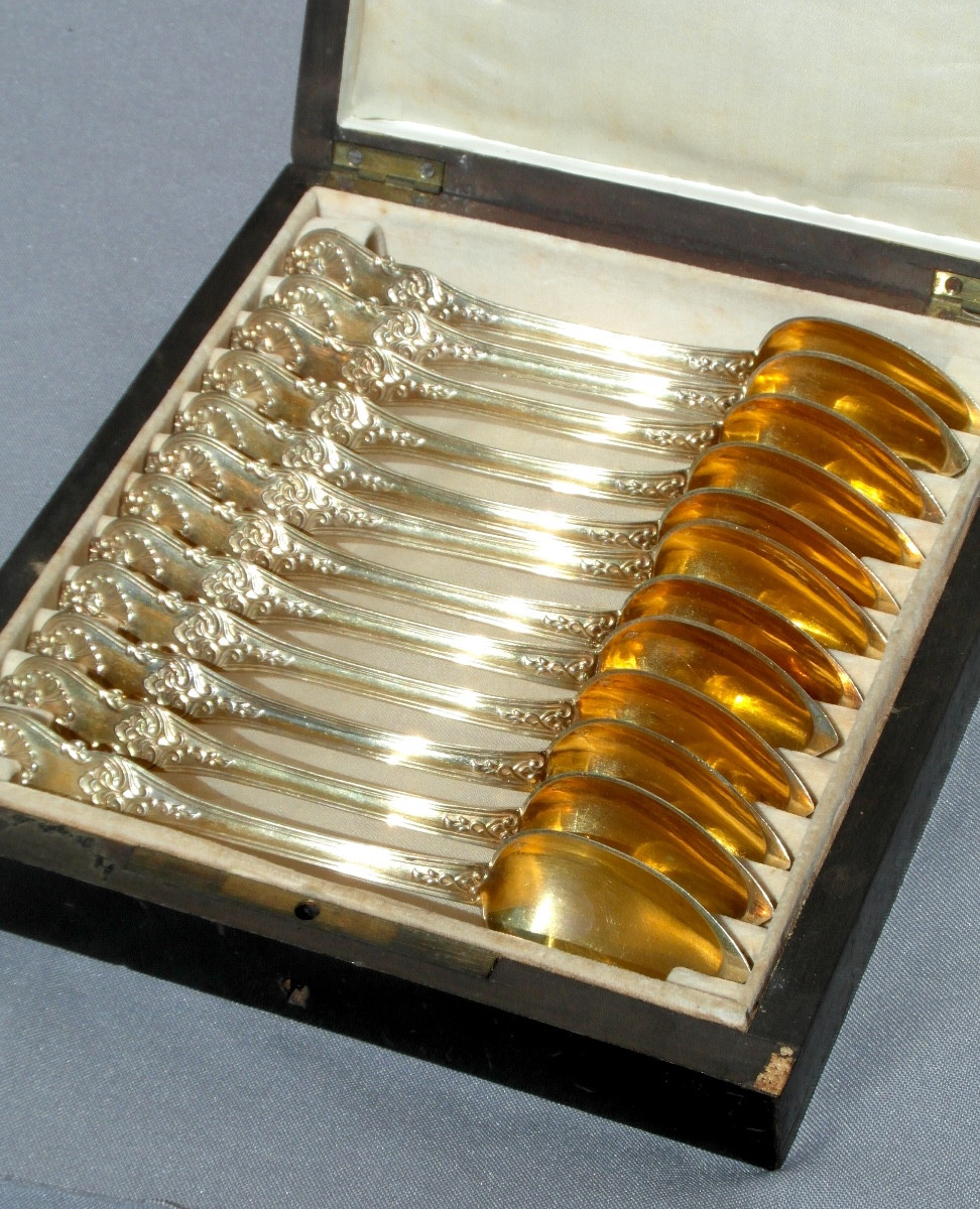 Set Of 12 Solid Silver Vermeil Spoons, Minerva Hallmark, In Its Box, 1900s Era