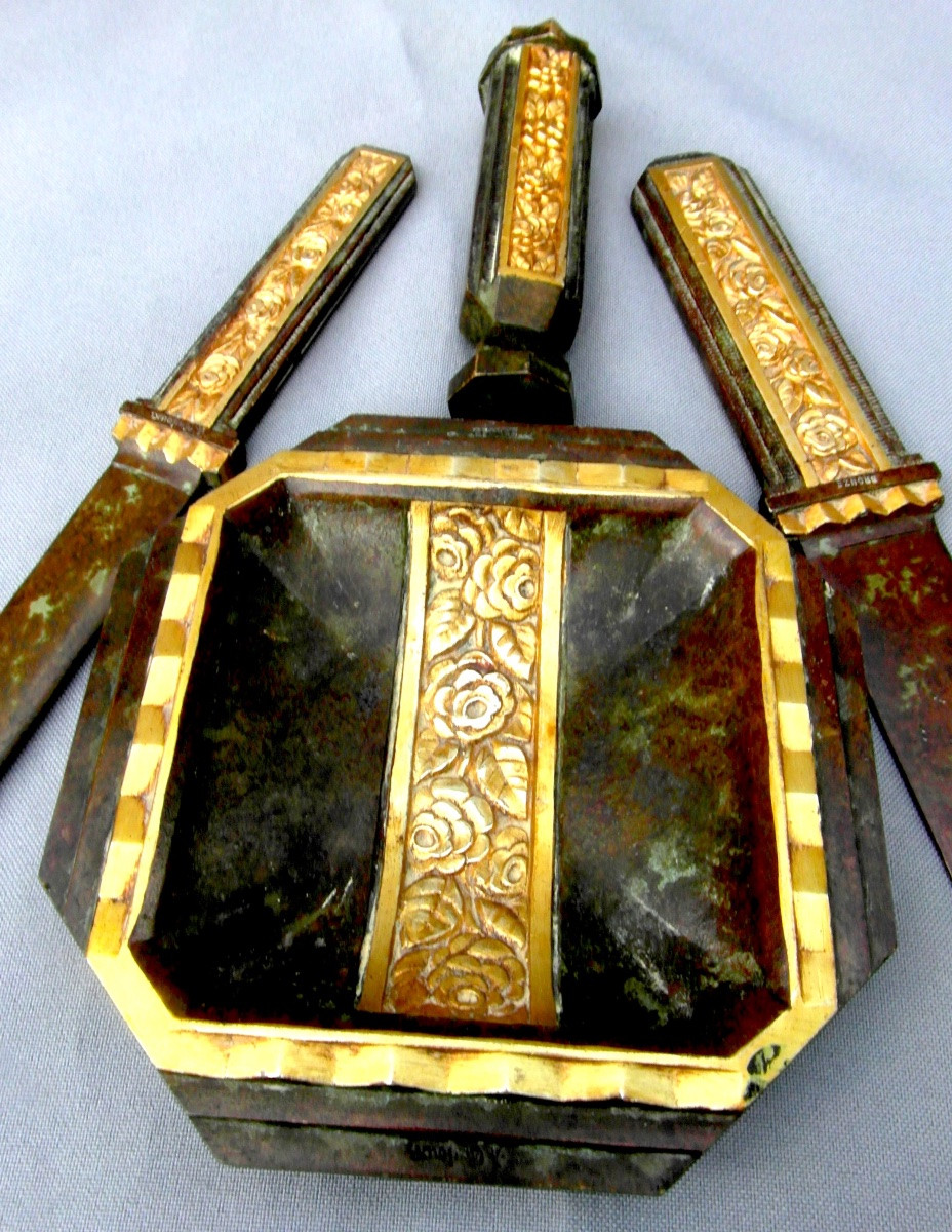 Complete Art Deco Desk Set By A Sadoux In Bronze With 2 Patinas, Marionnet Daum Era, 1920-photo-2