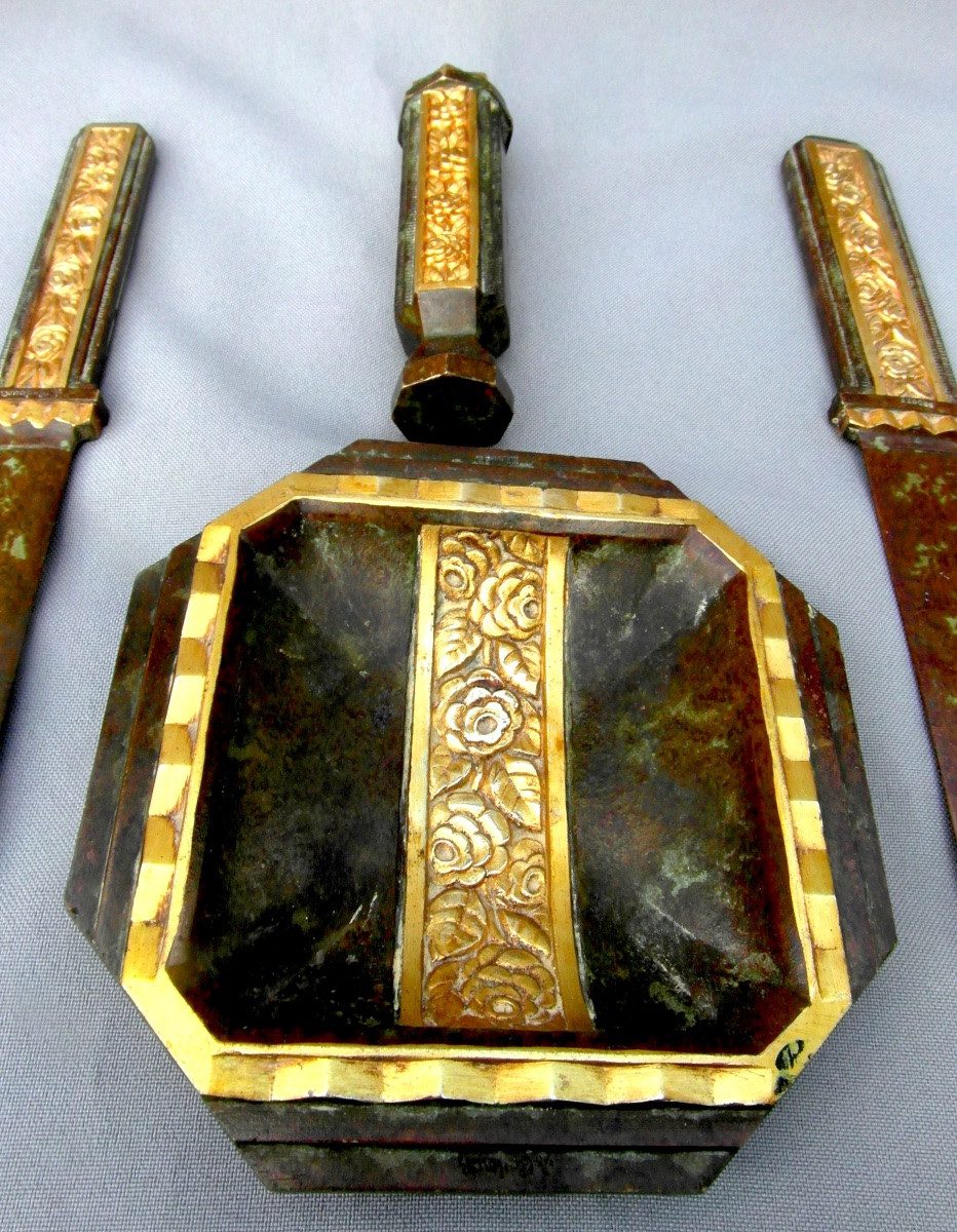 Complete Art Deco Desk Set By A Sadoux In Bronze With 2 Patinas, Marionnet Daum Era, 1920-photo-3