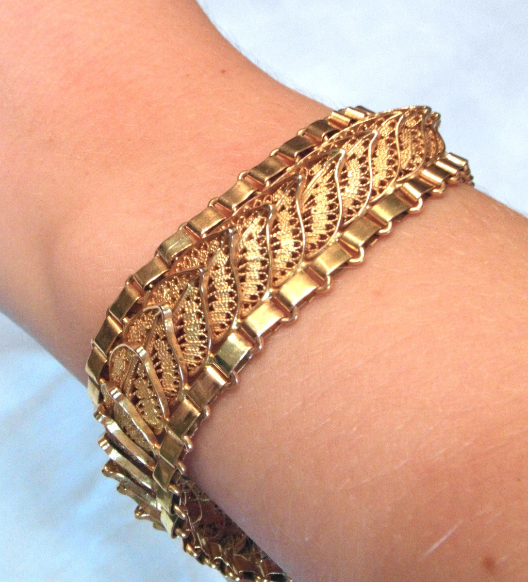 Bracelet à palmettes feuilles articulées, Or 20 carats certifiés, 47 gr, chaine de sécurité.-photo-3