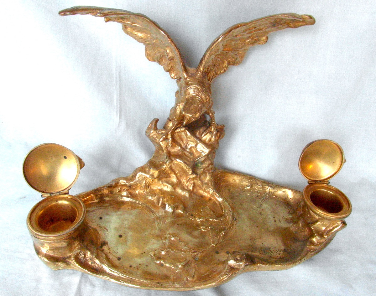 Monumental encrier en bronze dore par Marionnet , vers 1900, era Art-nouveau Siot Daum-photo-4