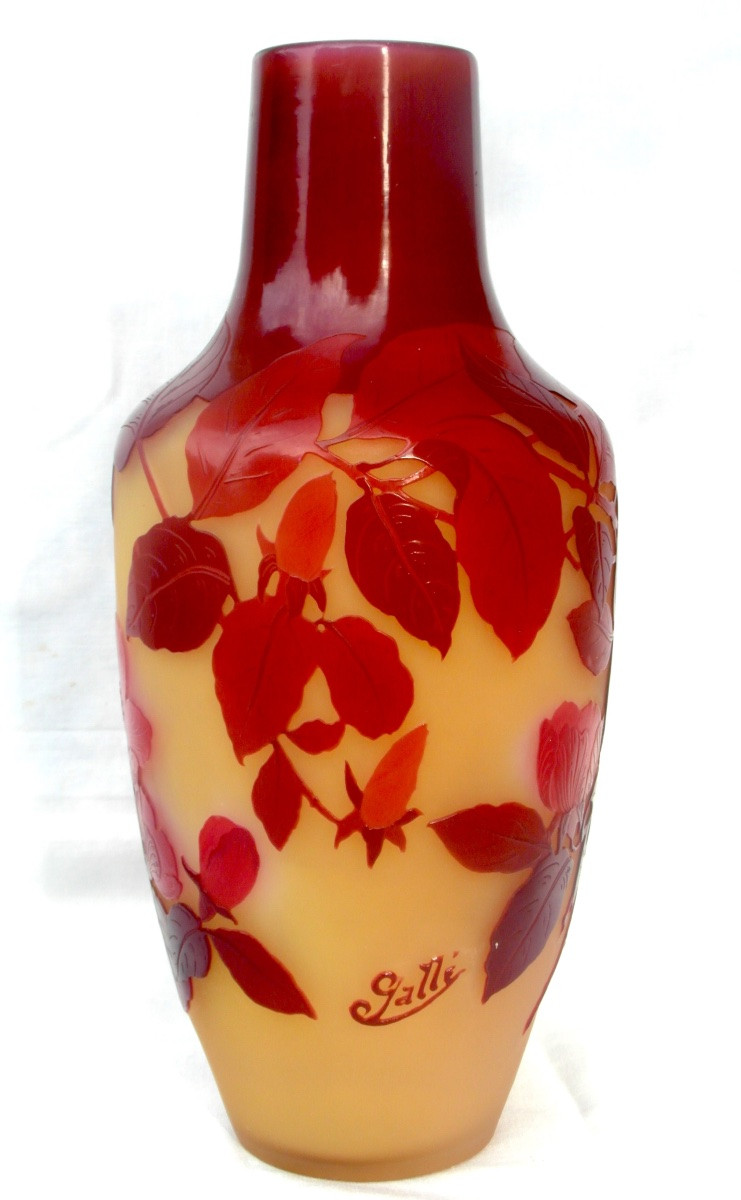 Vase à décor d'églantiers, par Gallé,  parfait, vers 1900, era daum art-nouveau-photo-3