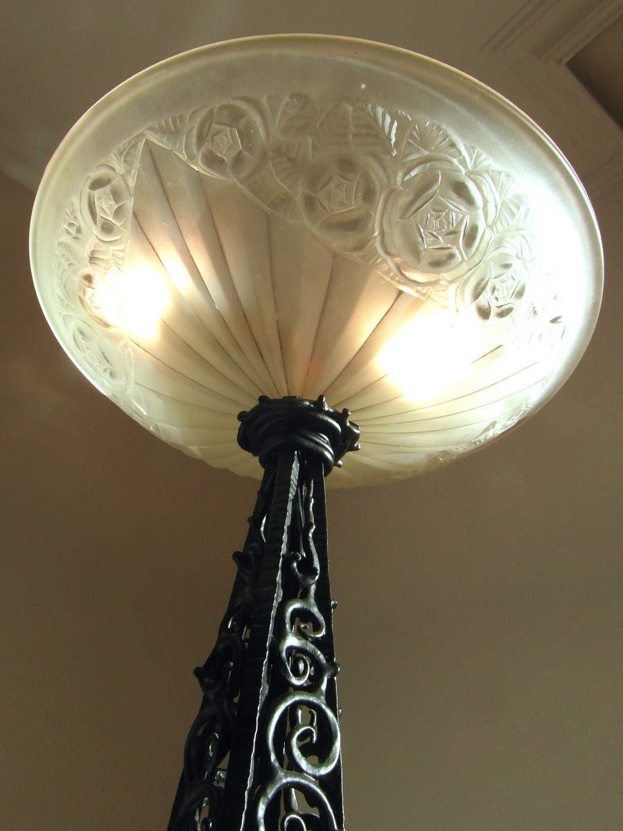 Large Art Deco Wrought Iron Rose Floor Lamp, Daum Kiss Brandt Degue Era 1920-photo-3