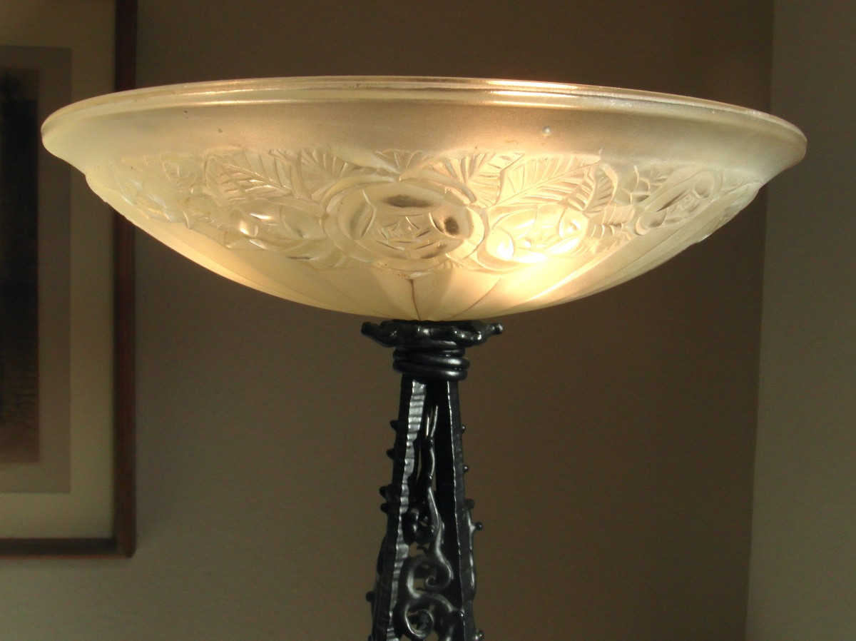 Large Art Deco Wrought Iron Rose Floor Lamp, Daum Kiss Brandt Degue Era 1920-photo-5