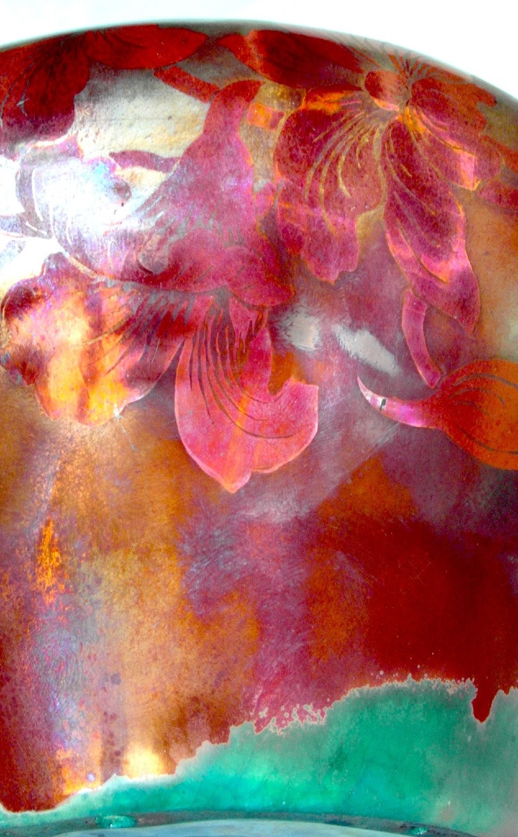 rare Vase 1900  Irisé Aux Bignones rouges Par E. Bussière, Era Daum Massier Montières 1900-photo-4