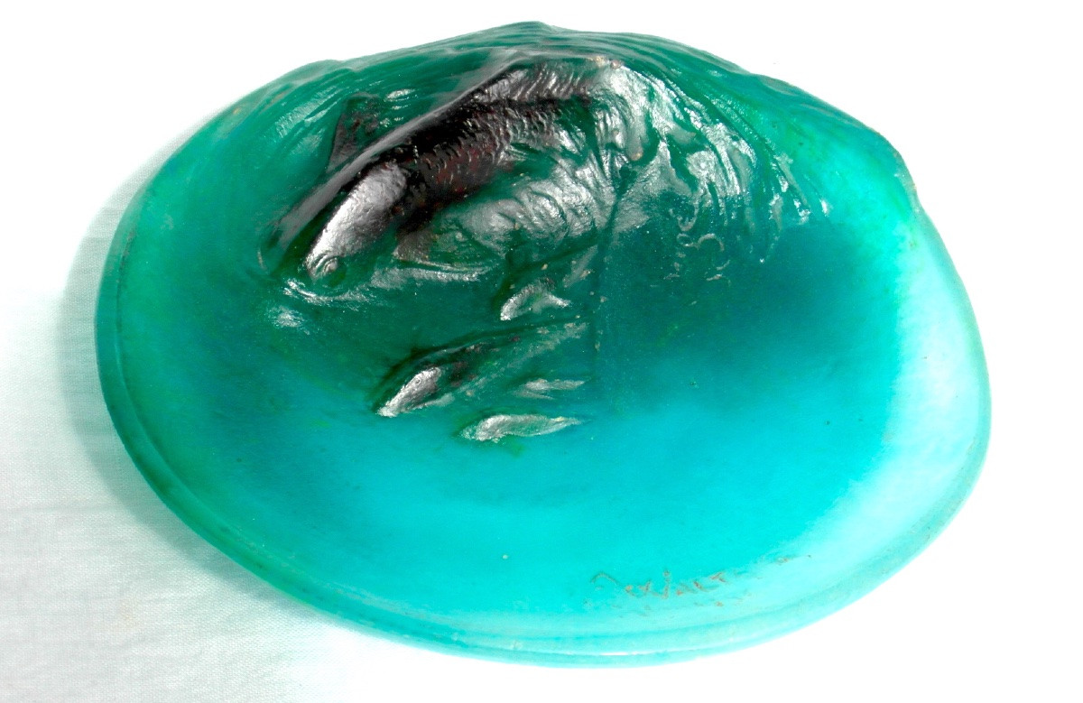 Rare Coupe Aux Poissons Par Amalric Walter, vraie pate de verre, Era Daum Galle Argy 1920-photo-2