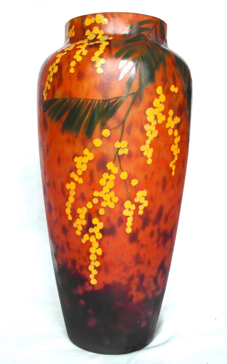  Pair Of Large Daum Vases With Mimosas, Belle Etoile Glassware, Perfect, Galle Era Art Deco 1920-photo-3