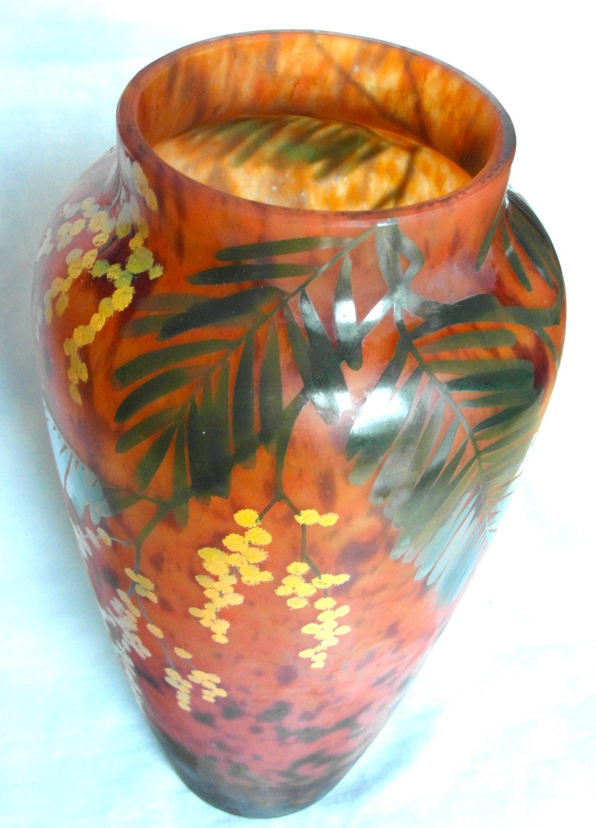  Pair Of Large Daum Vases With Mimosas, Belle Etoile Glassware, Perfect, Galle Era Art Deco 1920-photo-7