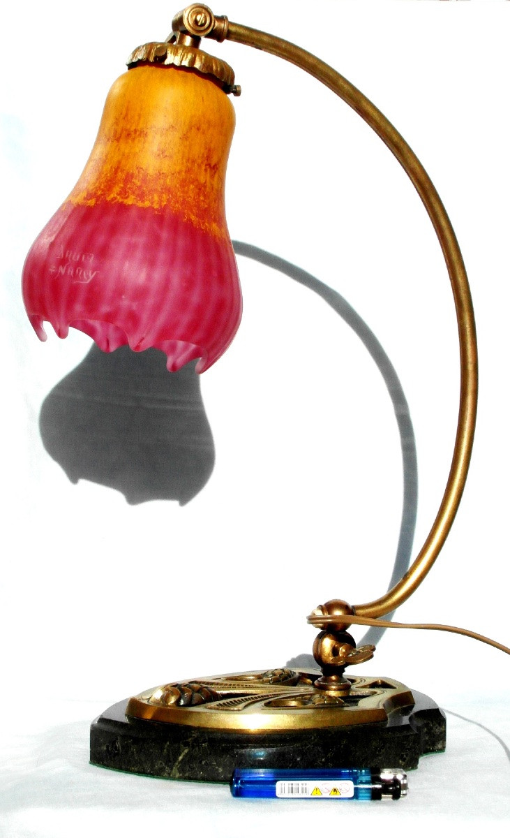 Daum Lamp, Rare Threaded Tulip, Pulled With Pliers, Bright Colors, Galle Cayette Era 1900-photo-2
