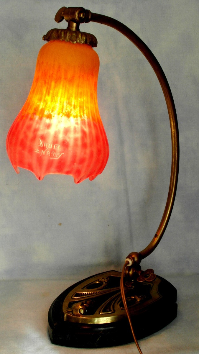 Daum Lamp, Rare Threaded Tulip, Pulled With Pliers, Bright Colors, Galle Cayette Era 1900-photo-5