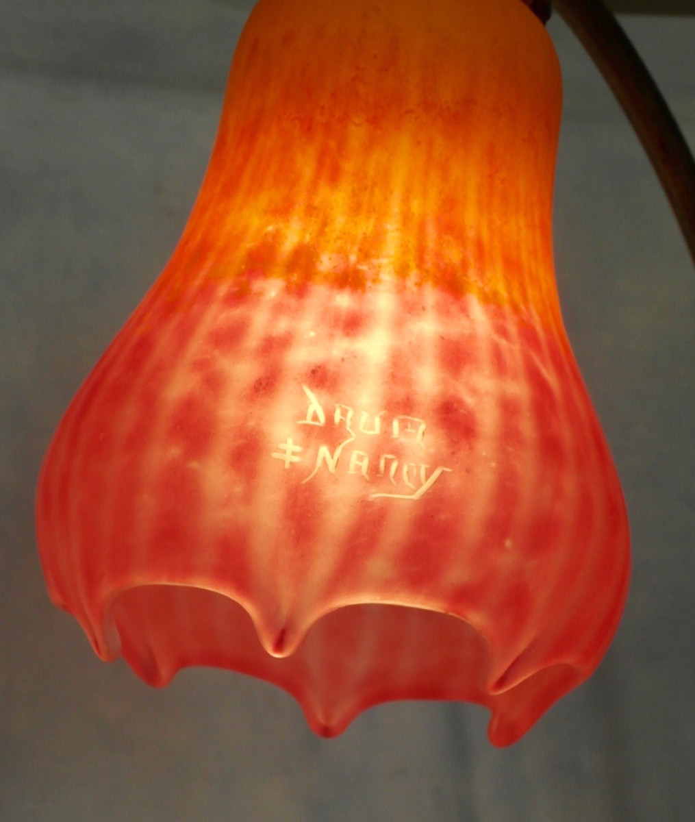 Daum Lamp, Rare Threaded Tulip, Pulled With Pliers, Bright Colors, Galle Cayette Era 1900-photo-6