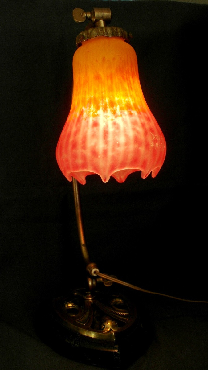 Daum Lamp, Rare Threaded Tulip, Pulled With Pliers, Bright Colors, Galle Cayette Era 1900-photo-7