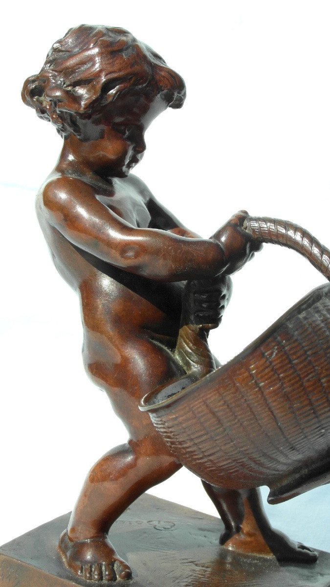 Bronze 1900 d'Ernest Barrias "putti Au Panier d'Osier", Fondeur Barbedienne, Era Daum-photo-3