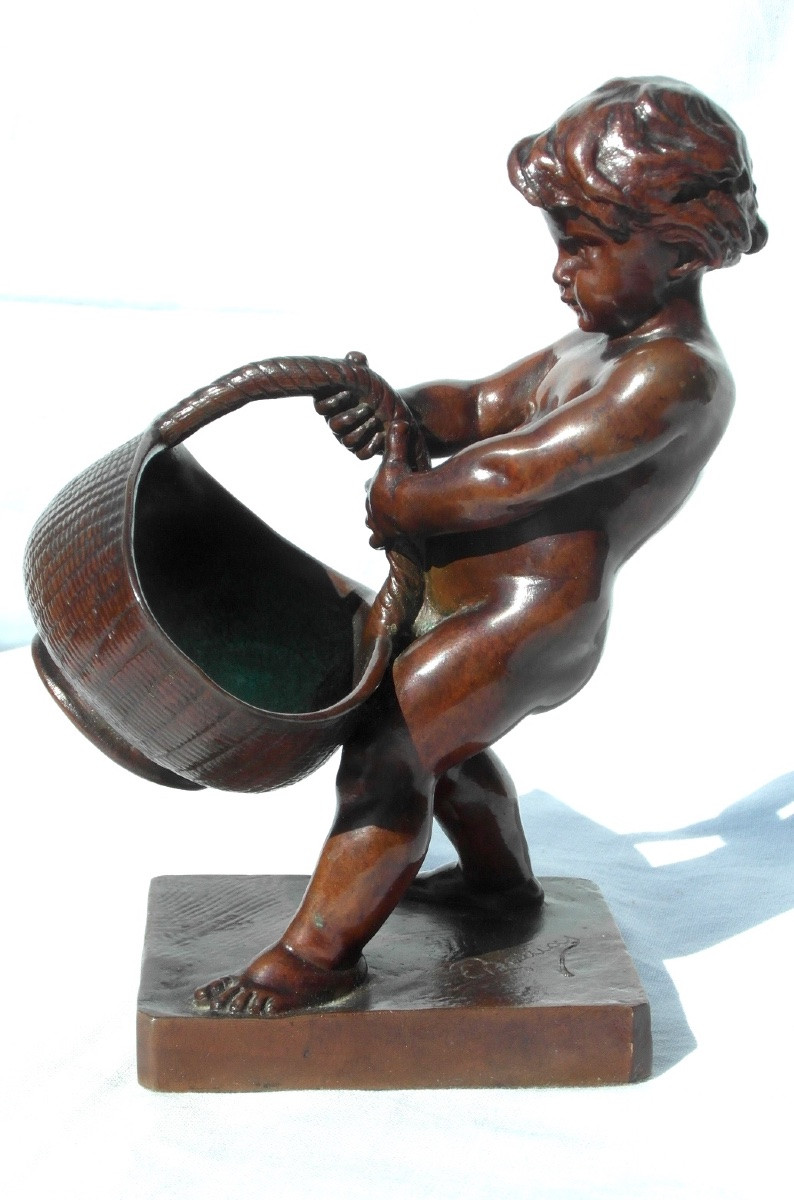 Bronze 1900 d'Ernest Barrias "putti Au Panier d'Osier", Fondeur Barbedienne, Era Daum-photo-3