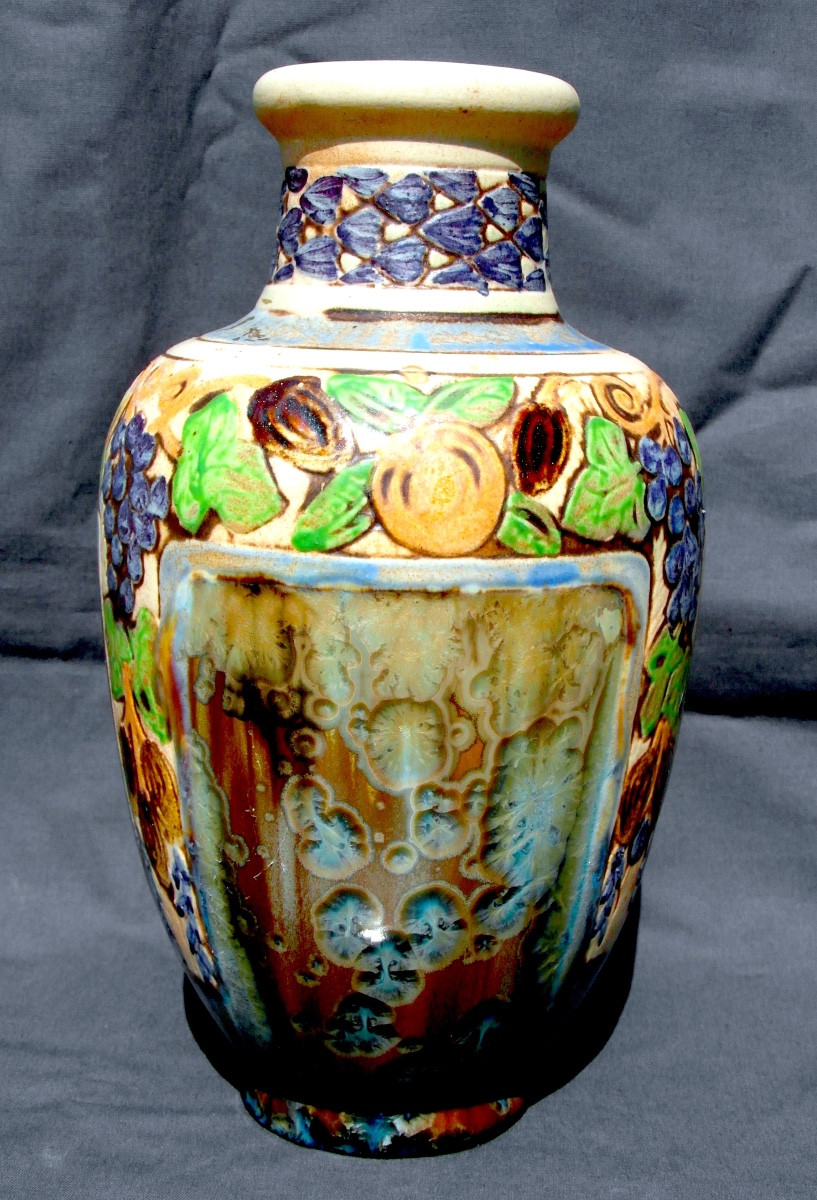  Large Vase By The Mougin Brothers With Fruit Decoration And Crystallization, Daum Nancy Era 1920